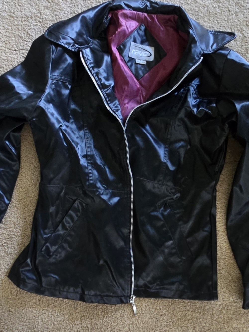Rave Y2K Black Satin Zip Jacket with Burgundy Lining